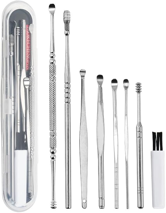 8 Pcs Ear Pick Earwax Removal Kit, 316L Stainless Steel Silvery Double Headed Ear Cleansing Tool Set, Ear Curette Ear Wax Remover Tool with A Cleaning Brush and A Storage Box