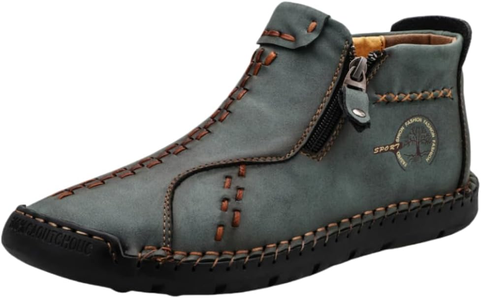 Men's Ankle Boots with Zipper - Vintage Style, Stitched Design, Rubber Sole, Round Toe, All-Season Casual Shoes