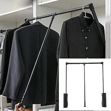 Pull Down Closet Rods Hanger for Hanging Clothes Wardrobe Lift Rail Organizer Storage System Ergonomic Handle 26 lbs Load Capacity, Adjustable Width,Black,660to890mm