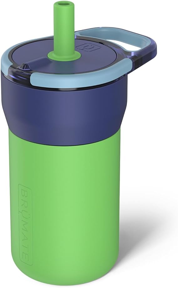 BruMate Leap 12oz 100% Leakproof Kids Tumbler with Handle and Silicone Soft Straw | Drop Resistant Silicone Sleeve | For Kids 4+ | Insulated Stainless Steel | Cup Holder Friendly | 12oz (Neutron)