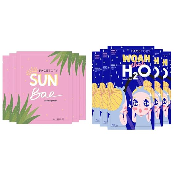 FACETORY K Beauty After-Sun Recovery Kit | Sun Bae Soothing Sheet Mask with Aloe & Shea Butter + Woah That H2O Ceramide & Hyaluronate 2-Step Mask | After Sun Skin Care