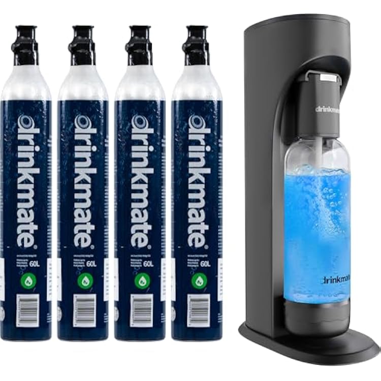 Drinkmate OmniFizz Sparkling Beverage Maker CO2 Bundle - Sparkling WaterSoda Streaming Machine That Carbonates Any Drink - Includes 4 CO2 Cylinders, 1 Carbonation Bottle, 1 Fizz Infuser - Matte Black