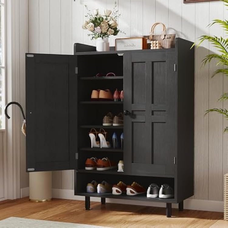 Farmhouse Shoe Cabinet with Doors, 6-Tier Wooden Shoe Organizer with Adjustable Shelves, Entryway Storage Cabinet with Metal Legs, Rustic Shoe Storage for Entryway or Living Room Black