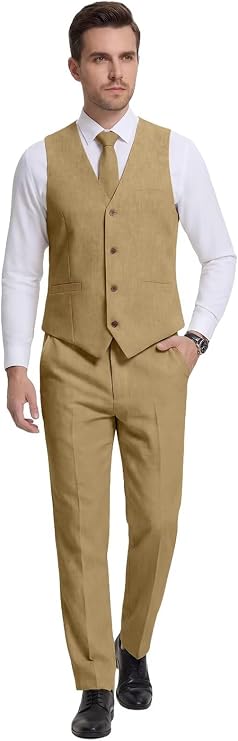 Bofan Casual Linen Beige Men's 2 Piece Suits Wedding Suits Slim Fit Groomsmen Tuxedos Prom Waistcoat Summer Linen Vest+Pant