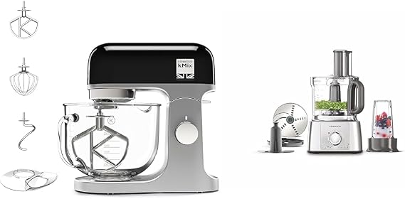 Kenwood kMix Stand Mixer for Baking, Stylish Kitchen Mixer with K-beater, Dough Hook and Whisk, 5L Glass Bowl, 1000 W, Black & FDP65.180SI 2 in 1 Food Processor Multipro Express, Silver