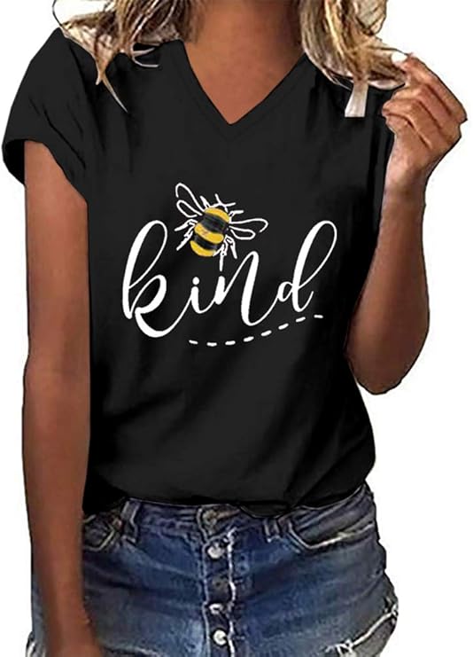 Womens Be Kind Graphic Tees V Neck Cute Printed Summer Casual T Shirts Tops