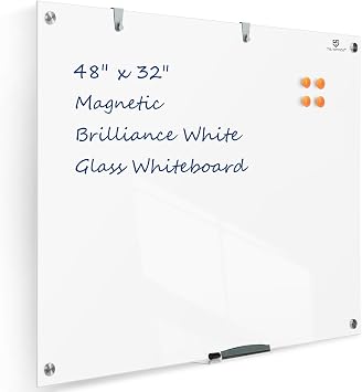 TSJ OFFICE Glass Dry-Erase Board - 48 x 32 Inches Brilliance White Magnetic Glass Whiteboard, Wall Mounted Large Frameless White Board for School, Home & Office