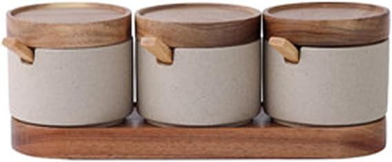 Dxcaicc Spice Jar Set, Clay Spice Organizer Jar with Wood Tray, Vintage Stoneware Japanese Spice Jar, Kitchen Seasoning Storage,Set of 3