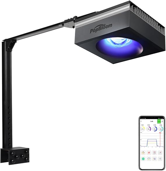 Popbloom RL90 Aquarium LED Reef Light 100W, Smart-APP Control Full Spectrum Marine LED for Saltwater Coral Fish Tanks (Black, V2 Arm Kit)