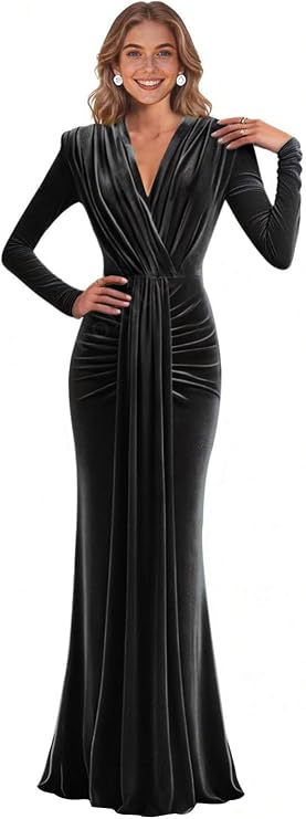 Long Sleeve Velvet Evening Dress with Tie Empire Waist Bridesmaid Dresses Mermaid V-Neck Prom Formal Gowns