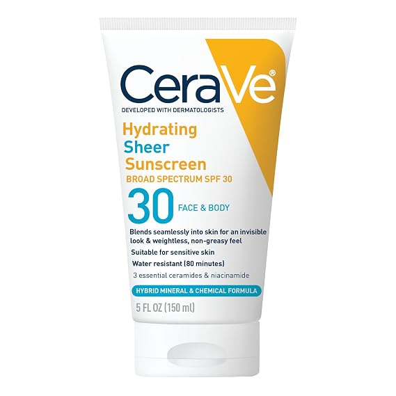 CeraVe Hydrating Sheer Sunscreen SPF 30 with Hyaluronic Acid, 5oz | Mineral and Chemical Sunscreen For Face and Body with Zinc Oxide & Ceramides, Fragrance-Free and Paraben-Free