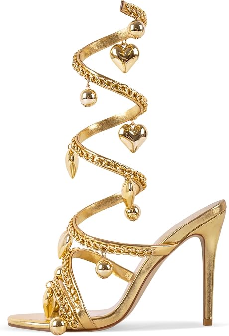 Wrap Around Strap Stiletto Heel Sandals Love Ankle Strap Open Toe Round Toe Gold Size10