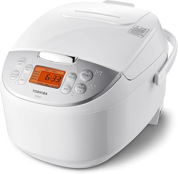 Toshiba Rice Cooker 6 Cup Uncooked Japanese Rice Cooker with Fuzzy Logic Technology, 7 Cooking Functions, Digital Display, 2 Delay Timers and Auto Keep Warm, Non-Stick Inner Pot, White | japanese style, white. 7 cooking functions, digital display, 2 delay timers, auto keep warm, non-stick inner pot