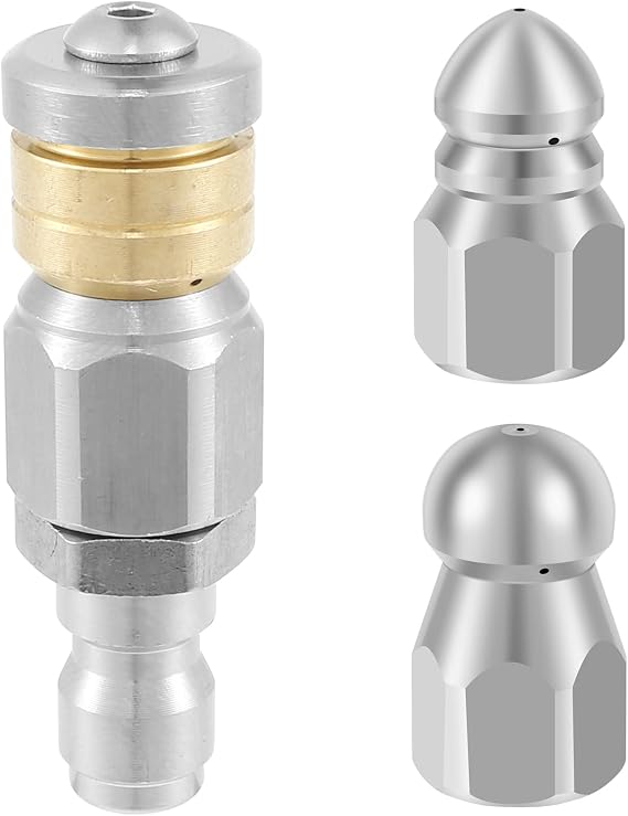 [-] 3Pcs Sewer Jetter Nozzle Stainless Steel Quick Connect Drain Jet Hose Nozzle 5000 PSI High Pressure Washer Nozzle with 1/4 Inch Connector for Cleaning Sewer Industrial Pipe [-]
