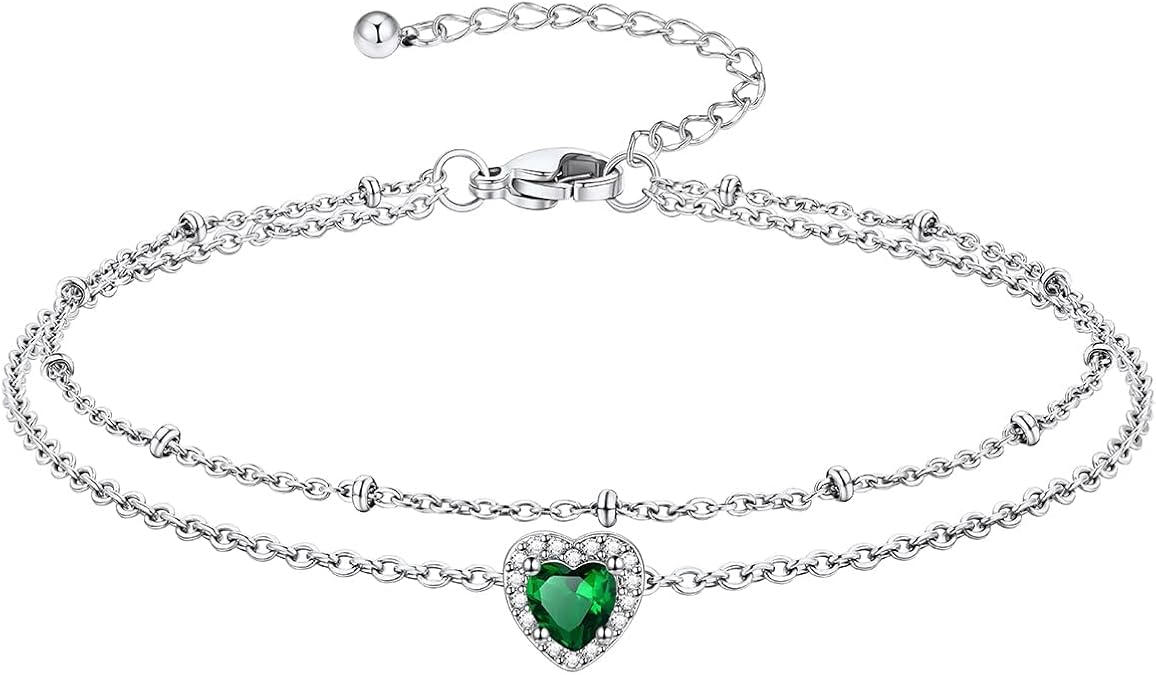 Richsteel Double Layer Heart/Butterfly Birthstone Anklet for Women
