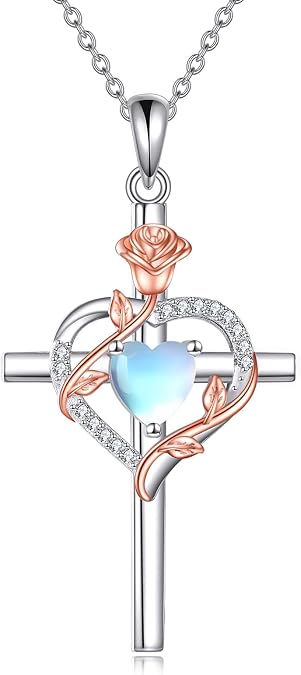 Rose Cross Necklace 925 Sterling Silver Heart Crucifix Pendant Birthstones Jewelry Gifts for Women