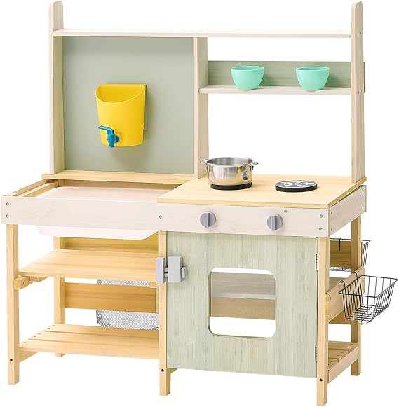 VEVOR Wooden Toy Play Kitchen Set, Mud Kitchen for Kids, Outdoor Toddler Grocery Store Playset, Pretend Play Kitchen with Stoves, Tank, Faucet, Storage Bag, Metal Baskets, and Cookware Pots