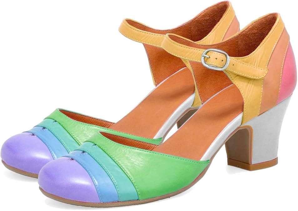 MOOMMO Women Vintage Low Chunky Heel Mary Jane Shoes Pumps Round Closed Toe Cut-out Dress Sandals Ankle Strap 2" Block Heels Mary Janes Dress Shoes Rainbow Patchwork Buckle Office Party Fall 4-11 M US