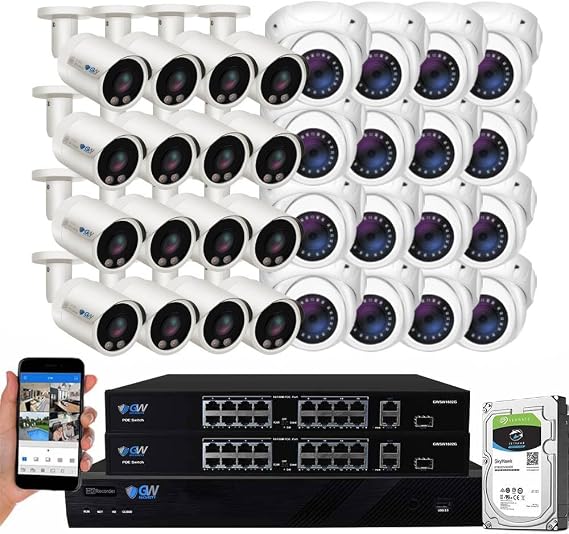GW Security 32 Channel 12MP NVR 4K AI Face Recognition Human & Vehicle Detection Security Camera System with 32 UHD 8MP 2160P PoE Microphone Outdoor/Indoor Weatherproof IP Security Cameras (White)