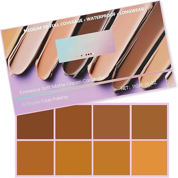 Pimby Foundation, Evanesce Soft Matte Cream Concealer 8 Shade Fade Palette, with Applicator Waterproof Full Coverage Cream for Blemishes & Cover, Long-Lasting Lightweight Formula Safe (Dark color)