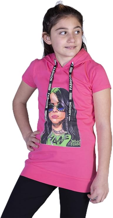 Kız Çocuk Billie Eilish Baskılı Kapüşonlu Tişört Fuşya