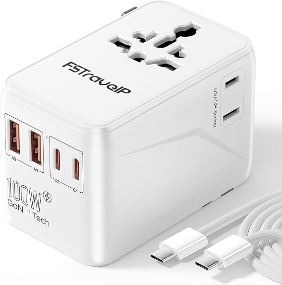 PD100W Universal Travel Adapter, Travel Plug Adapter Worldwide with 2 USB C PD and 2 USB A QC, International Power Adapter with Dual Safety Fuses, for Multi Countries EU, USA, UK, Australia