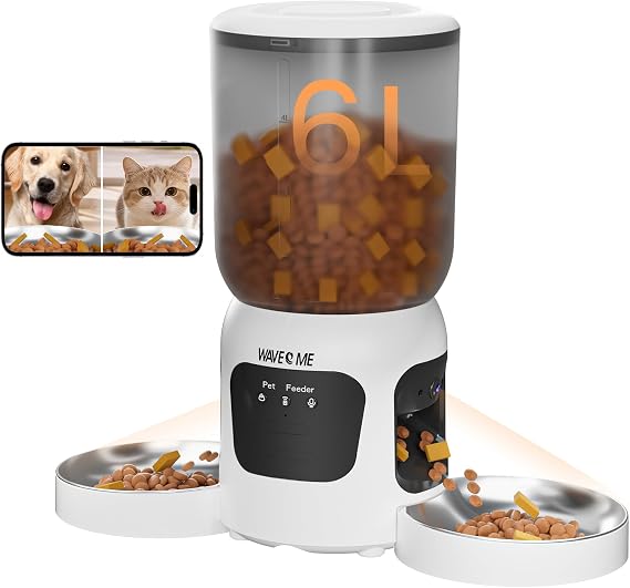 Dual-Lens Automatic Cat Feeder with Camera for 2 Cats, 6L1080P HD Video Pet Food Dispenser with Dual Bowls, AI Motion Detection & 2-Way Audio, App Control Timed Feeder for Multi-Cat Household