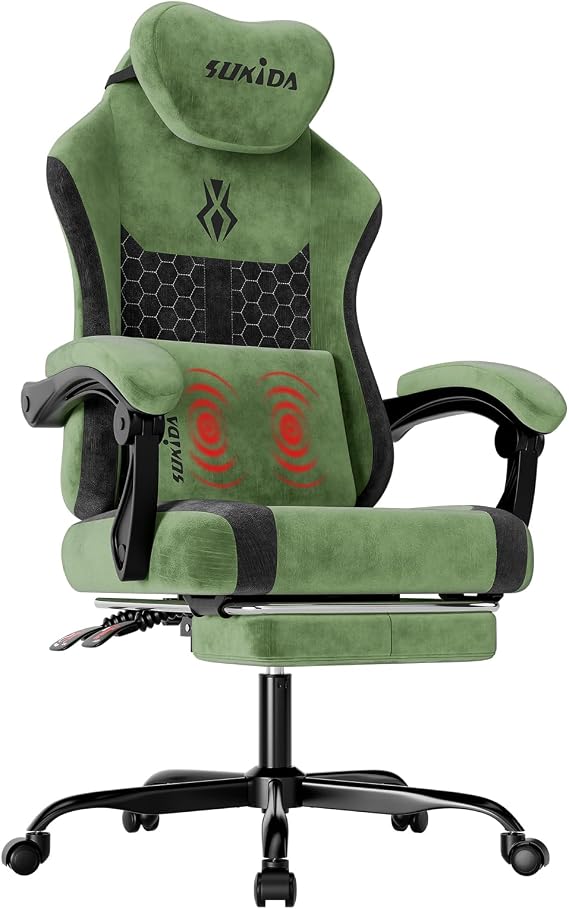 SUKIDA Fabric Video Gaming Chair, Ergonomic High-Back Computer Game Chairs with Large Massage Adjustable Lumbar Support, Headrest and Linked Armrests for Long Hours Sitting Task Chair, Green