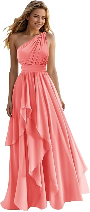 A Line One Shoulder Bridesmaid Dresses for Wedding Ruffles Chiffon Long Formal Evening Party Gowns with Pockets Coral