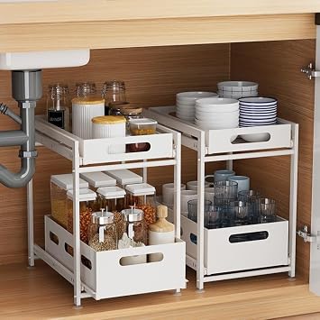 Pull Out Cabinet Organizer,2 Tier Under Sink Organizer,Slide-out Metal Cabinet Organizers for kitchen spice racks,Storage for Kitchen Bathroom, White (White)