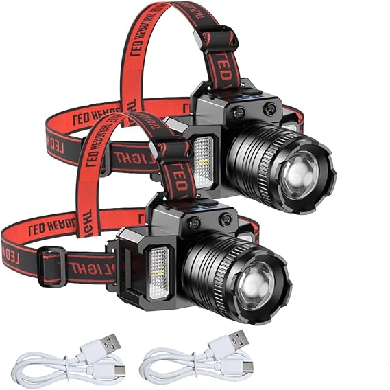 LED Rechargeable Headlamp with Motion Sensor, 360 Adjustable, Zoomable, 5 Lighting Modes, USB Type-C, COB Side Lights, for Camping and Hiking
