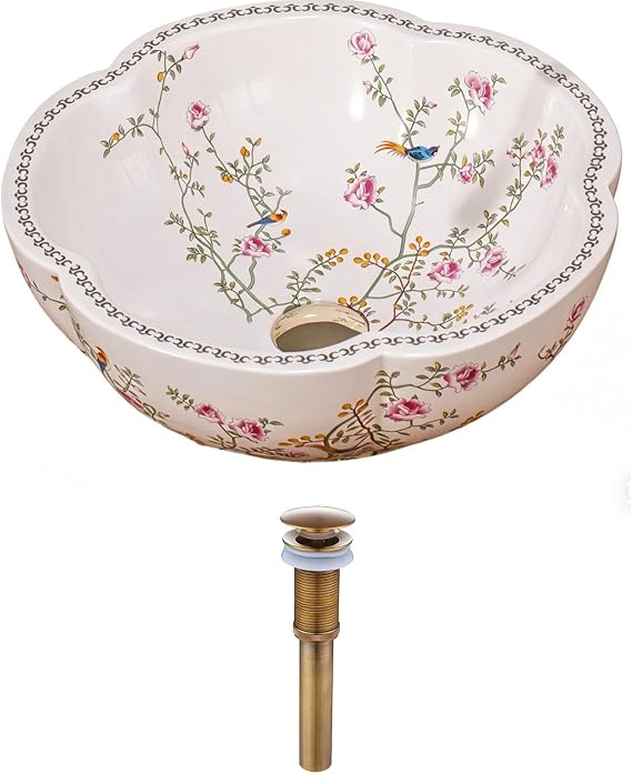 White Bathroom Art Flower Ceramic Vessel Sink with Drain Combo