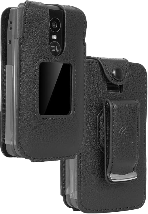 Nakedcellphone Fitted Series for TCL Flip 4 5G Phone Case - Black | Vegan Leather, Form-Fit Cover, with Built-In Screen Protection, Keypad Guard, Metal Belt Clip, For Model T440 (2025)