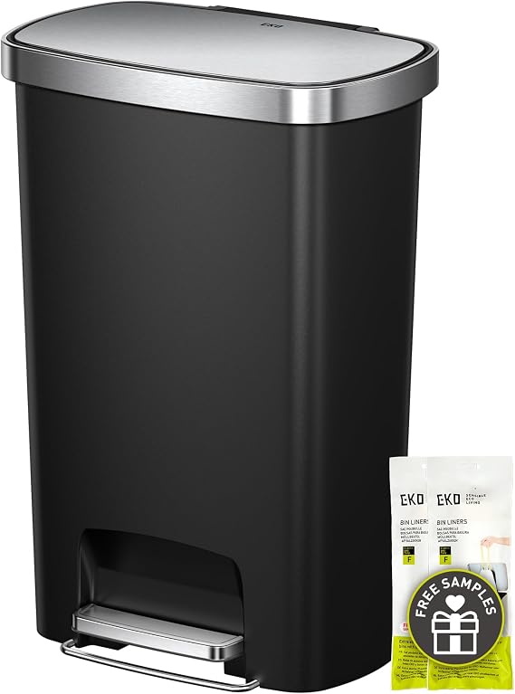 EKO Hana Select 13.2 Gallon  50L Step Trash Can, Large Plastic Kitchen Trash Can with Stainless Steel Lid, Soft-Close & Stay-Open, Deodorizer Compartment, Wide Steel Pedal Garbage Can for Home, Black