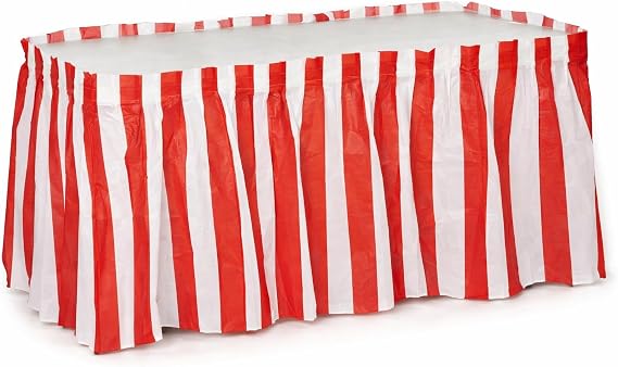 Oojami 2 Pack Red and White Striped Carnival Table Skirt 14 Ft x 29 in - Circus Theme Disposable Plastic Table Decorations for Concession Stand, Birthday, Fair - Party Supplies with Adhesive Strip