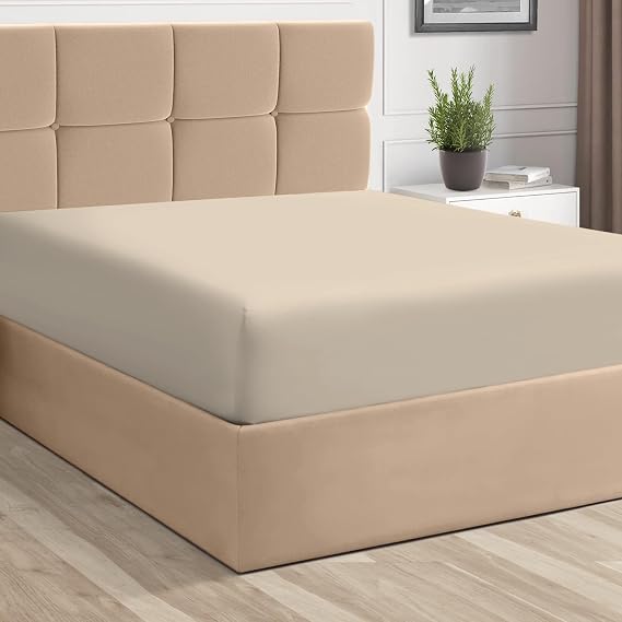 Pizuna Pure 100% Cotton Twin Fitted Sheet Beige, Luxurious 400 Thread Count Long Staple Cotton Sateen 15" Deep Pocket Twin Sheets (Combed Cotton Fitted Sheet)