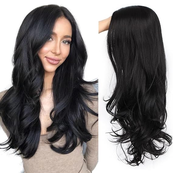 AISI QUEENS Black Wavy Wigs for Women Long Curly Wig Synthetic Party Wigs Middle Part Full Wigs Natural Looking 20 Inch