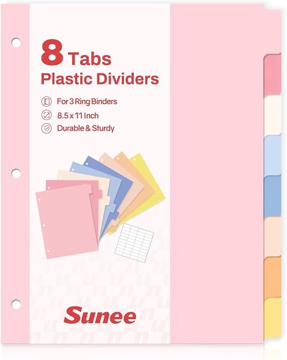 SUNEE 8 Tab Binder Dividers,Plastic Dividers for 3 Ring Binder,3 Ring Binder Dividers with Tabs for School Office Home Supplies,Pastel Color, 1 Set