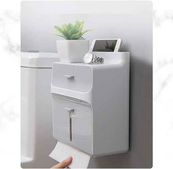 ELEGANT Wall-Mounted Tissue Box Waterproof No Drilling Toilet Paper Holder Self-Adhesive Double Drawer Tissue Box with Storage Drawer Shelf for Bathroom, Living Room and Kitchen