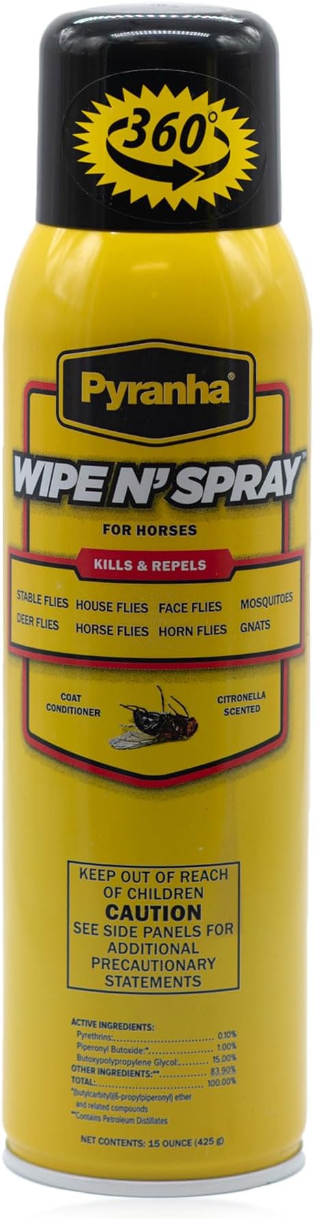 PYRANHA Wipe N' Spray for Horses - Oil-Based Long Lasting Fly Control Repels Horn, Deer, Horse, House, Stable, Face Flies, Ticks, Mites, Mosquitoes, Gnats & Lice, 15 Oz