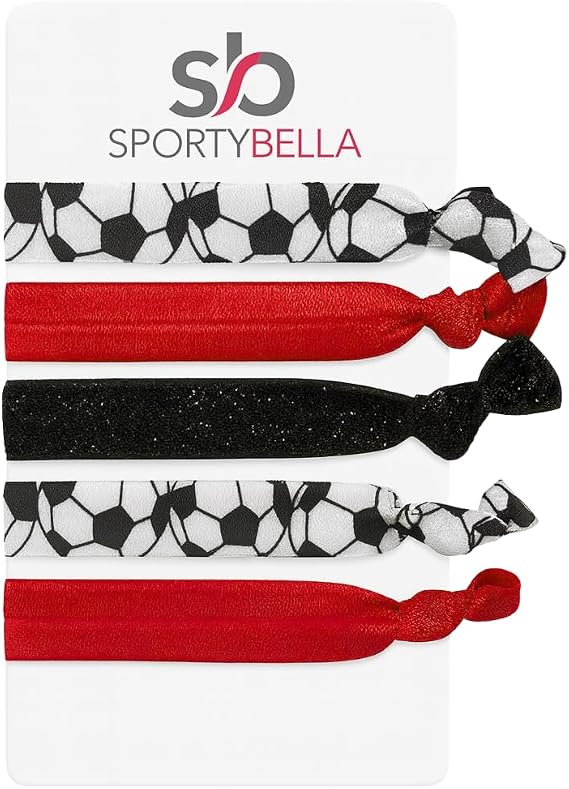 Sportybella Soccer Hair Ties 5pc Set No Crease Ponytail Holders & Bracelets Red, Black & White Soccer Ball Design Cute Soccer Accessories & Team Gifts for Girls, Teens & Women