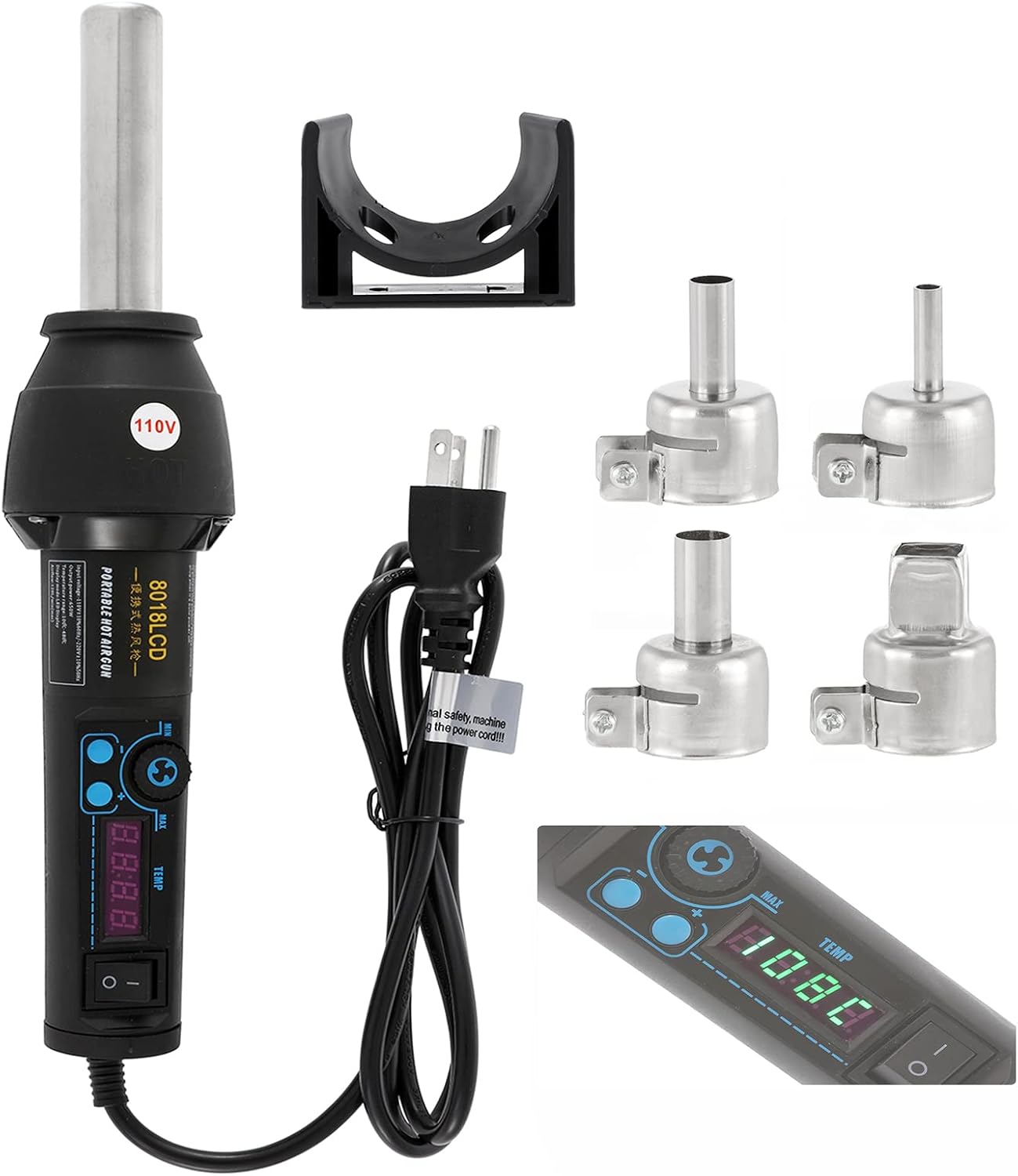 IRONWALLS Digital Hot Air Gun with LCD Display & 4pcs Nozzles, 650W Mini Heat Shrink Tubing Gun Portable Heat Gun with 212-896°F Adjustable Temperature & Airflow for Electronic Repair, Shrink Wrapping