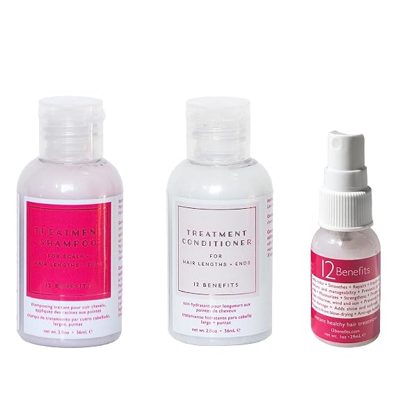 12 Benefits Hair Care Travel Set Hydrating Sulfate-Free Shampoo, Conditioner & Leave-In Hair Treatment Spray Repairs, Smooths, Strengthens, Frizz Control for Dry, Damaged, Color-Treated Hair