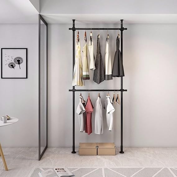 Ceiling to Floor Fixed Clothes Rack - Retractable Portable Clothing Organizer for Bedroom - Punch-Free Modern Style Clothing Rack (Black)