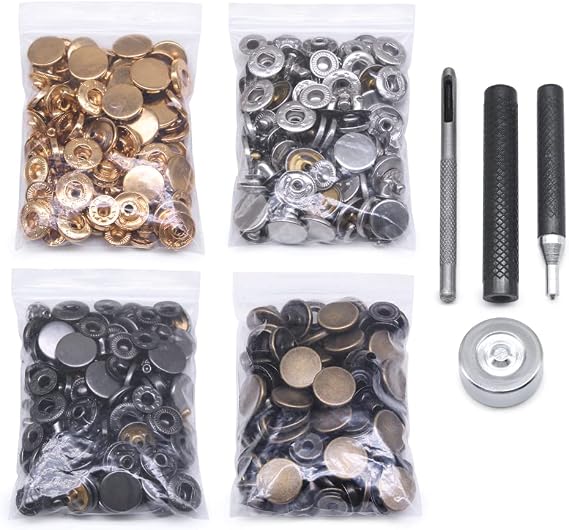 SEMINI 120 Set Leather Snap Fasteners Kit, 10mm Metal Button Snaps Press Studs with 4 Setter Tools, 4 Color Leather Snaps for Clothes, Jackets, Jeans Wears, Bracelets, Bags (Style 655#)