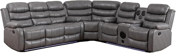 Hybition Faux Leather Living Room Set Modern Reclining Sectional Sofa with LED Light, USB Chargers, Sound System, 4Cup Holders, Hidden Storage,Grey