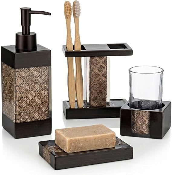 Creative Scents Dahlia Brown 4 Piece Bathroom Accessories Set