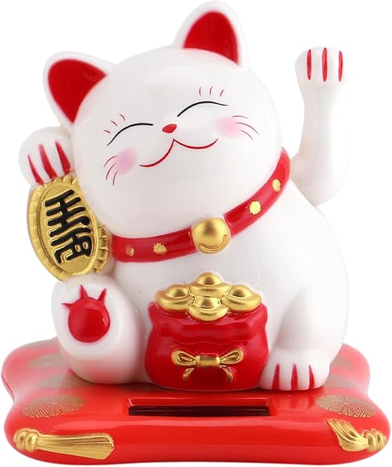 Maneki Neko Solar Powered Lucky Cat, White Plastic Waving Fortune Statue, Chinese Japanese Style Beckoning Decor for Car, Home, Office