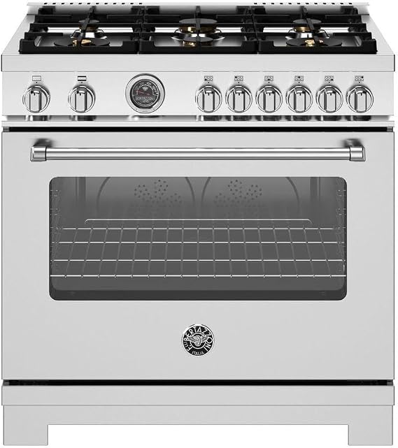 Bertazzoni 36 Inch Freestanding Gas Range with 6 Sealed Burners, European Convection Oven, Elegant Temperature Gauge, and 19000 BTU Power Burner: Natural Gas