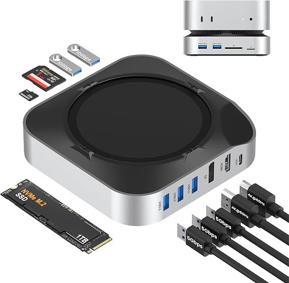Mac mini M4 Docking Station, USB C Hub with NVMe SSD Enclosure, Dual Monitor Adaptor for Mac mini Accessories, 2× USB-A 10Gbps, 4K60 HDMI, DisplayPort, SD/TF Card Reader